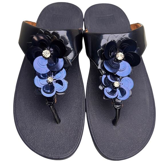 FitFlop Lulu Wildflower Navy Sequin Thong Sandals Shoes Women US Sz 6 Comfort EC - Picture 5 of 16